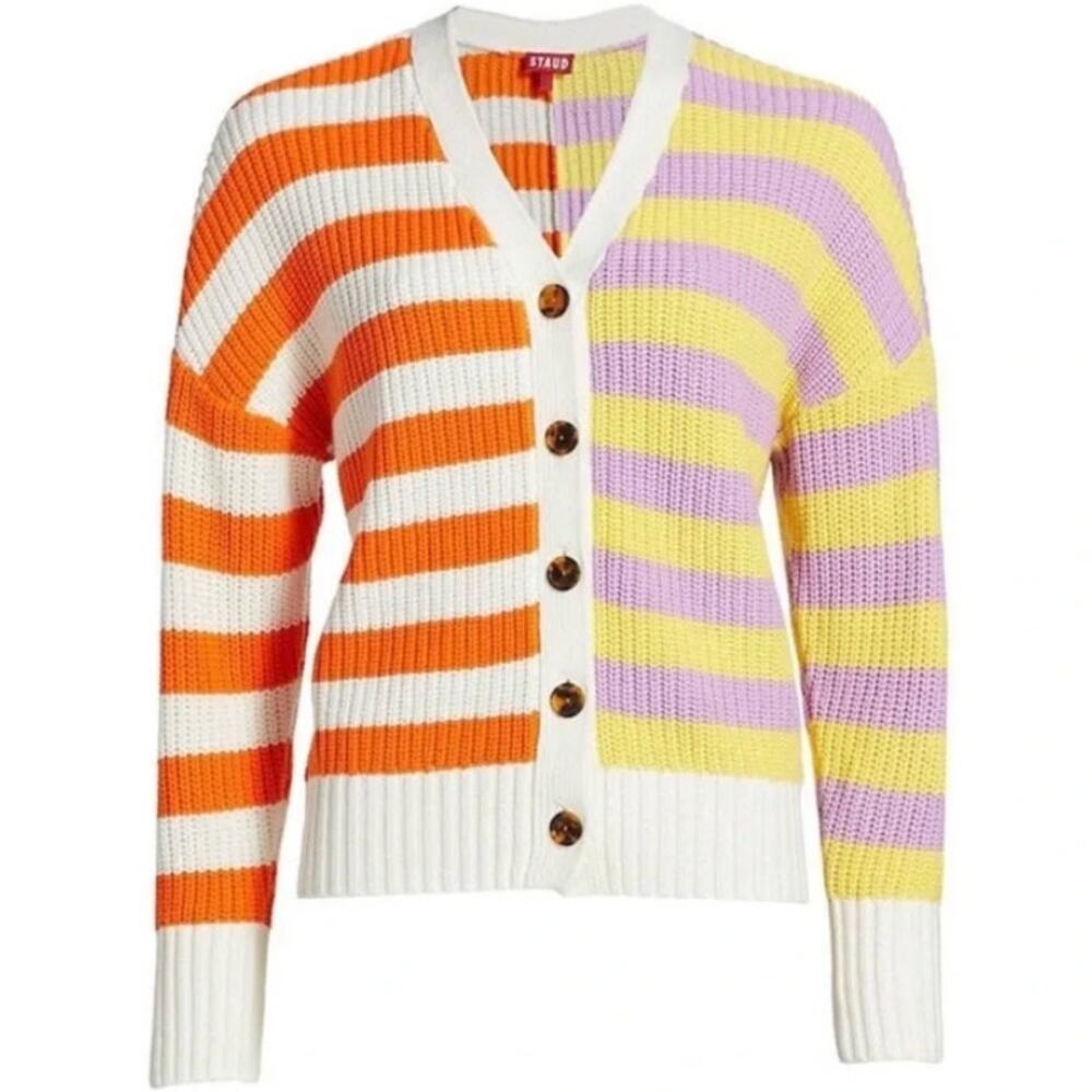 STAUD Essex Cardigan Cabana Stripe Orange Yellow Cream Purple Multi Large V-neck - Picture 5 of 16